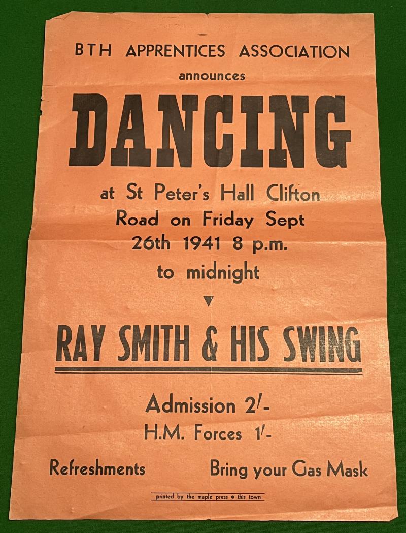 Wartime Dance Poster with Gas Mask reminder.