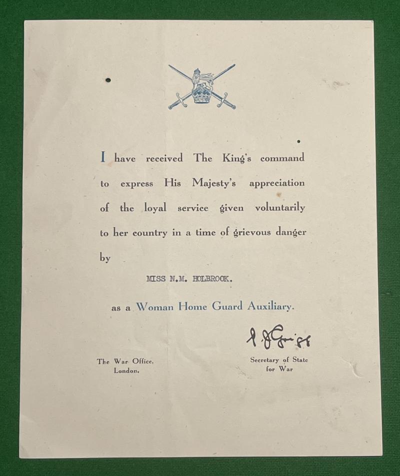 Woman Home Guard Auxiliary Certificate.