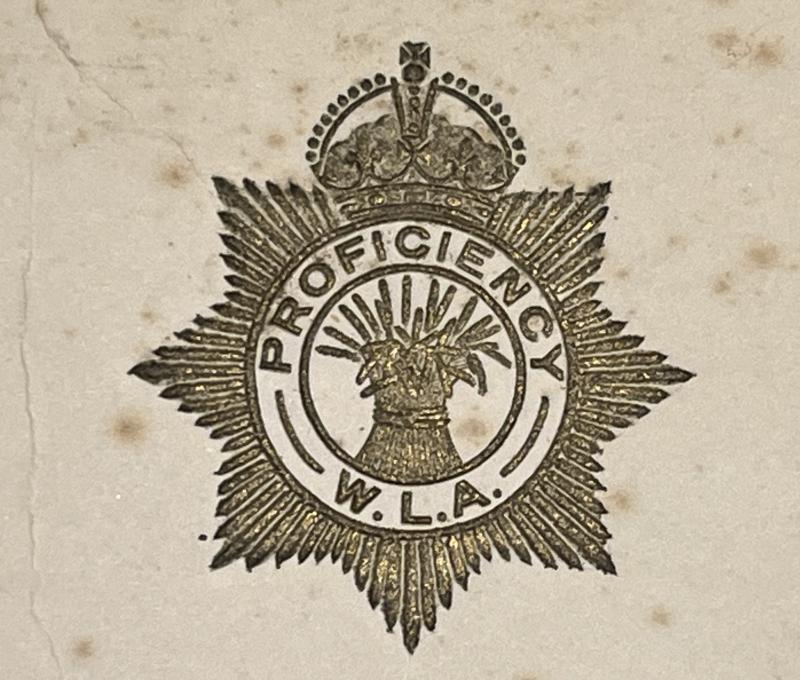 Women's Land Army Proficiency Badge certificate.