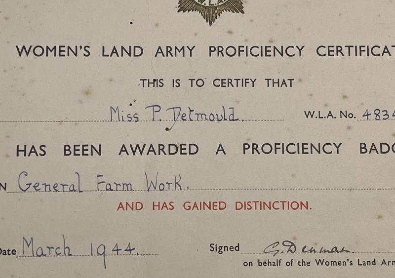 Women's Land Army Proficiency Badge certificate.
