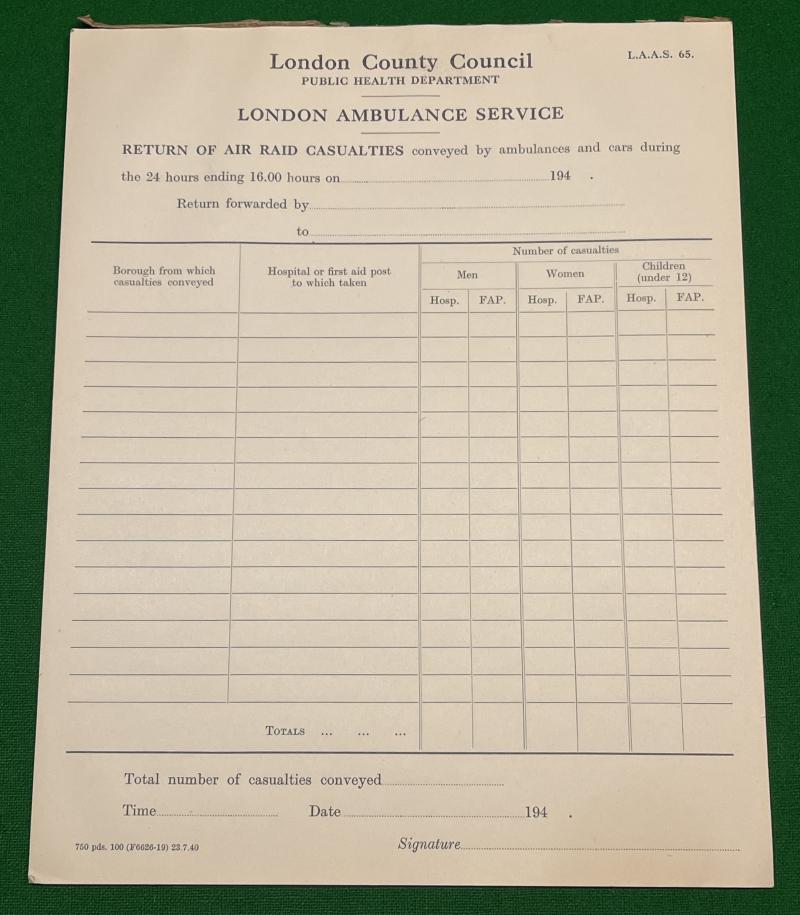 London Auxiliary Ambulance Service Air Raid Return Forms