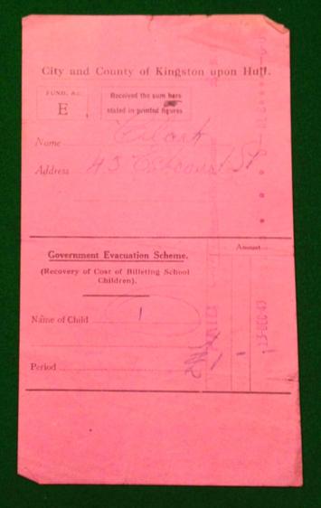 Evacuee billeting expense receipt.