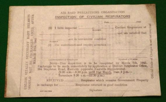 Bristol ARP Respirator Inspection Sheet.